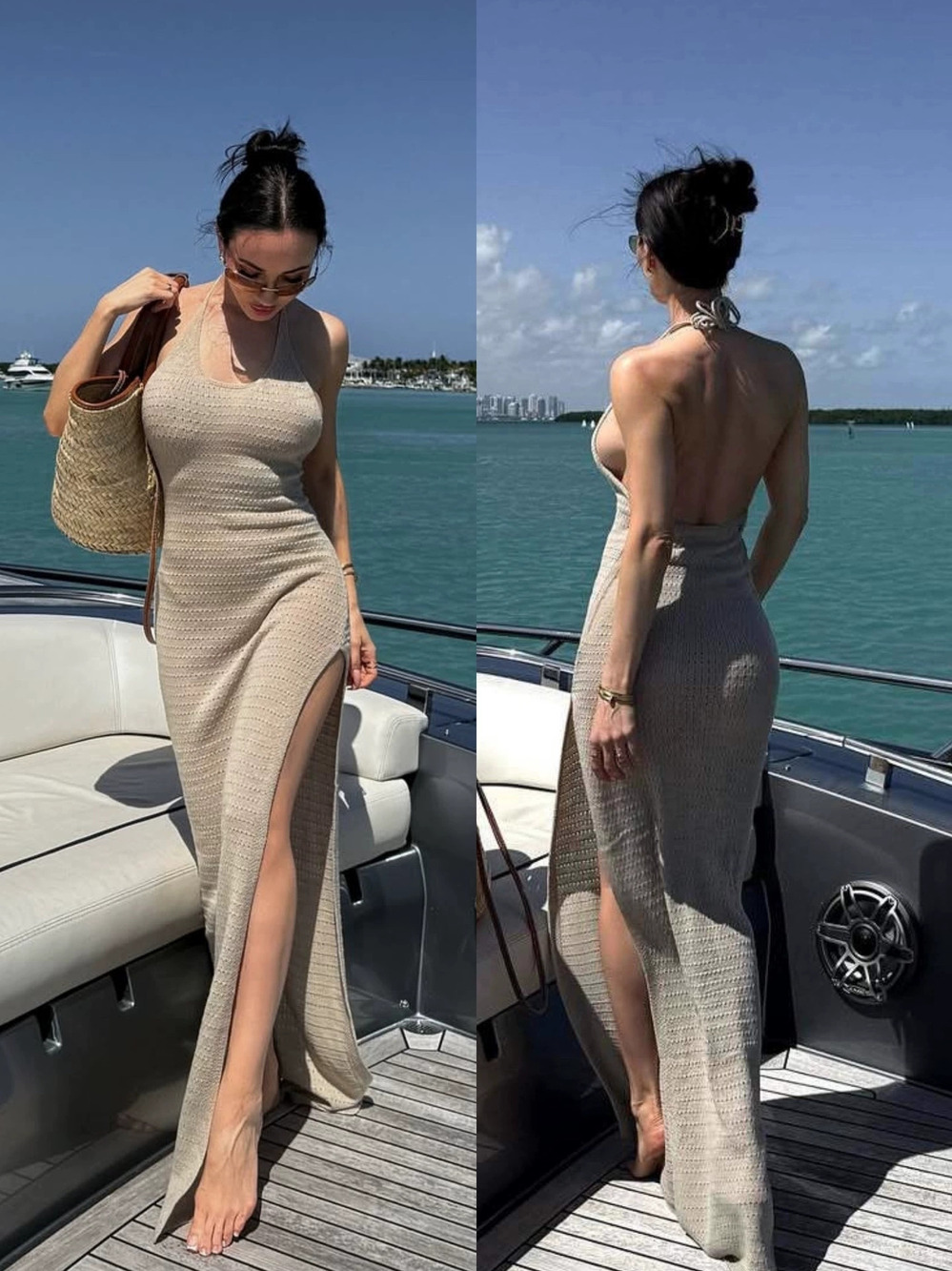 ZARA Womens Sexy Summer Fashion Halter Backless High Waist Slit Dress